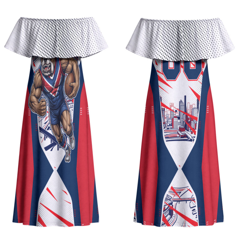 Personalised Western Bulldogs Fan Pride Couples Matching Off Shoulder Maxi Dress and Long Sleeve Button Shirt Muscular Bulldog Mascot Graphic Art With Melbourne City Skyline