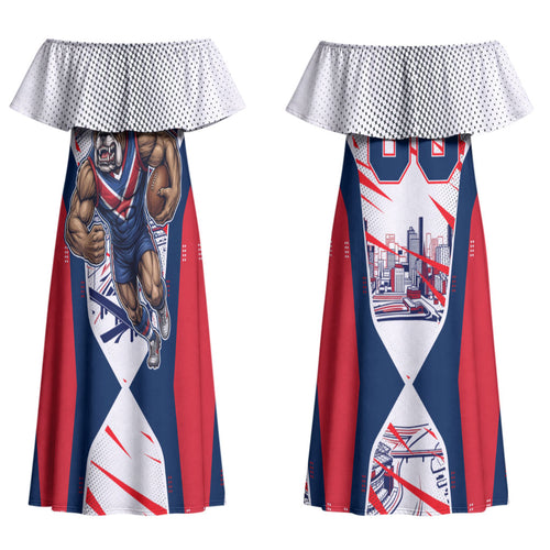 Personalised Western Bulldogs Fan Pride Couples Matching Off Shoulder Maxi Dress and Long Sleeve Button Shirt Muscular Bulldog Mascot Graphic Art With Melbourne City Skyline