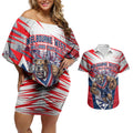 Personalised Western Bulldogs Fan Pride Couples Matching Off Shoulder Short Dress and Hawaiian Shirt Muscular Bulldog Mascot Graphic Art With Melbourne City Skyline