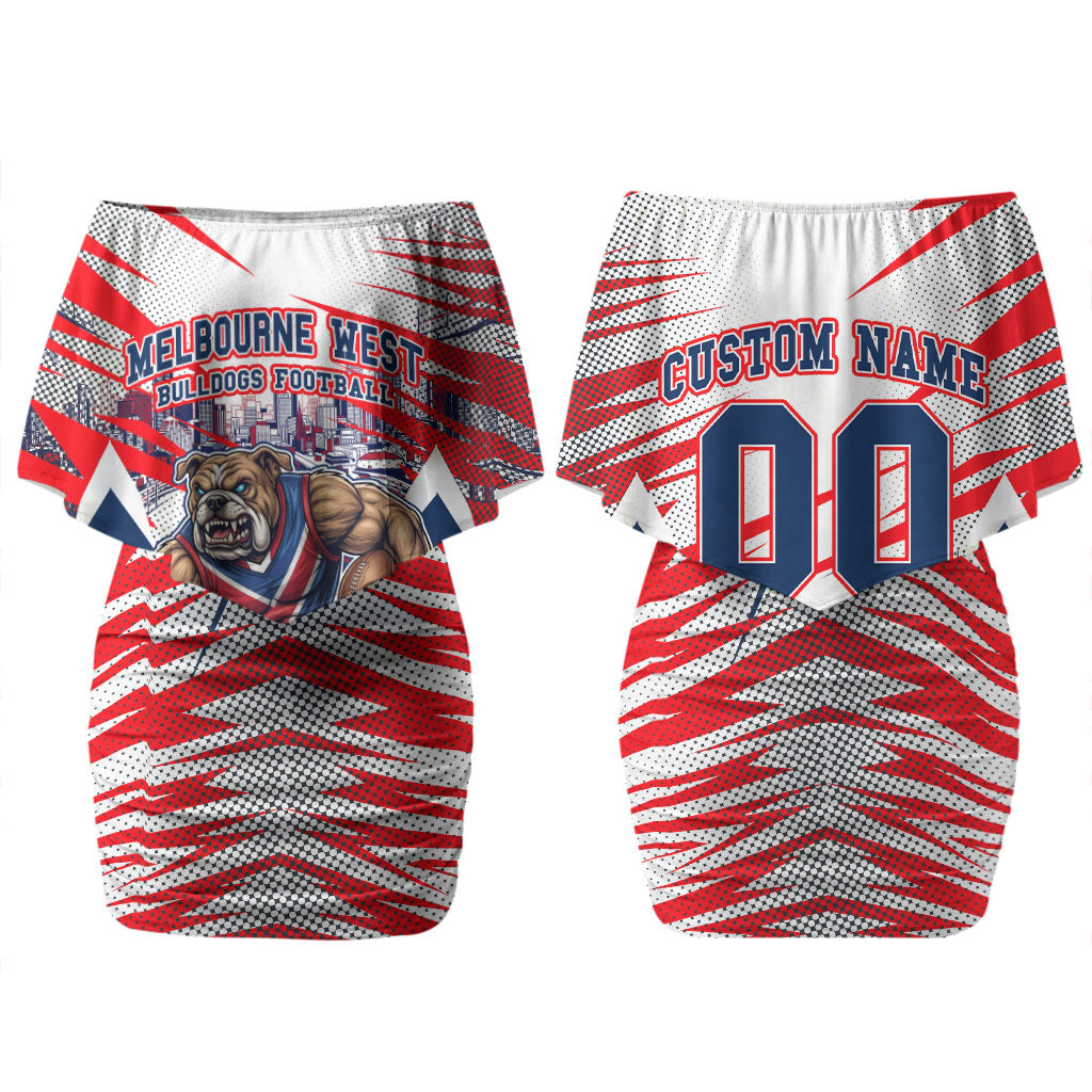 Personalised Western Bulldogs Fan Pride Couples Matching Off Shoulder Short Dress and Hawaiian Shirt Muscular Bulldog Mascot Graphic Art With Melbourne City Skyline