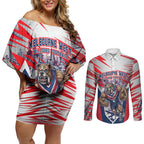 Personalised Western Bulldogs Fan Pride Couples Matching Off Shoulder Short Dress and Long Sleeve Button Shirt Muscular Bulldog Mascot Graphic Art With Melbourne City Skyline