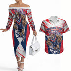 Personalised Western Bulldogs Fan Pride Couples Matching Off The Shoulder Long Sleeve Dress and Hawaiian Shirt Muscular Bulldog Mascot Graphic Art With Melbourne City Skyline