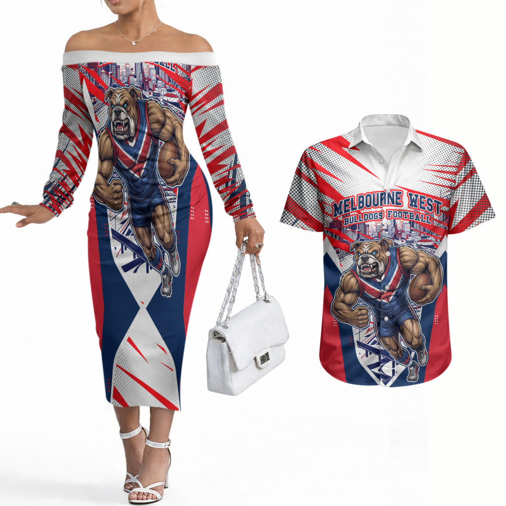 Personalised Western Bulldogs Fan Pride Couples Matching Off The Shoulder Long Sleeve Dress and Hawaiian Shirt Muscular Bulldog Mascot Graphic Art With Melbourne City Skyline