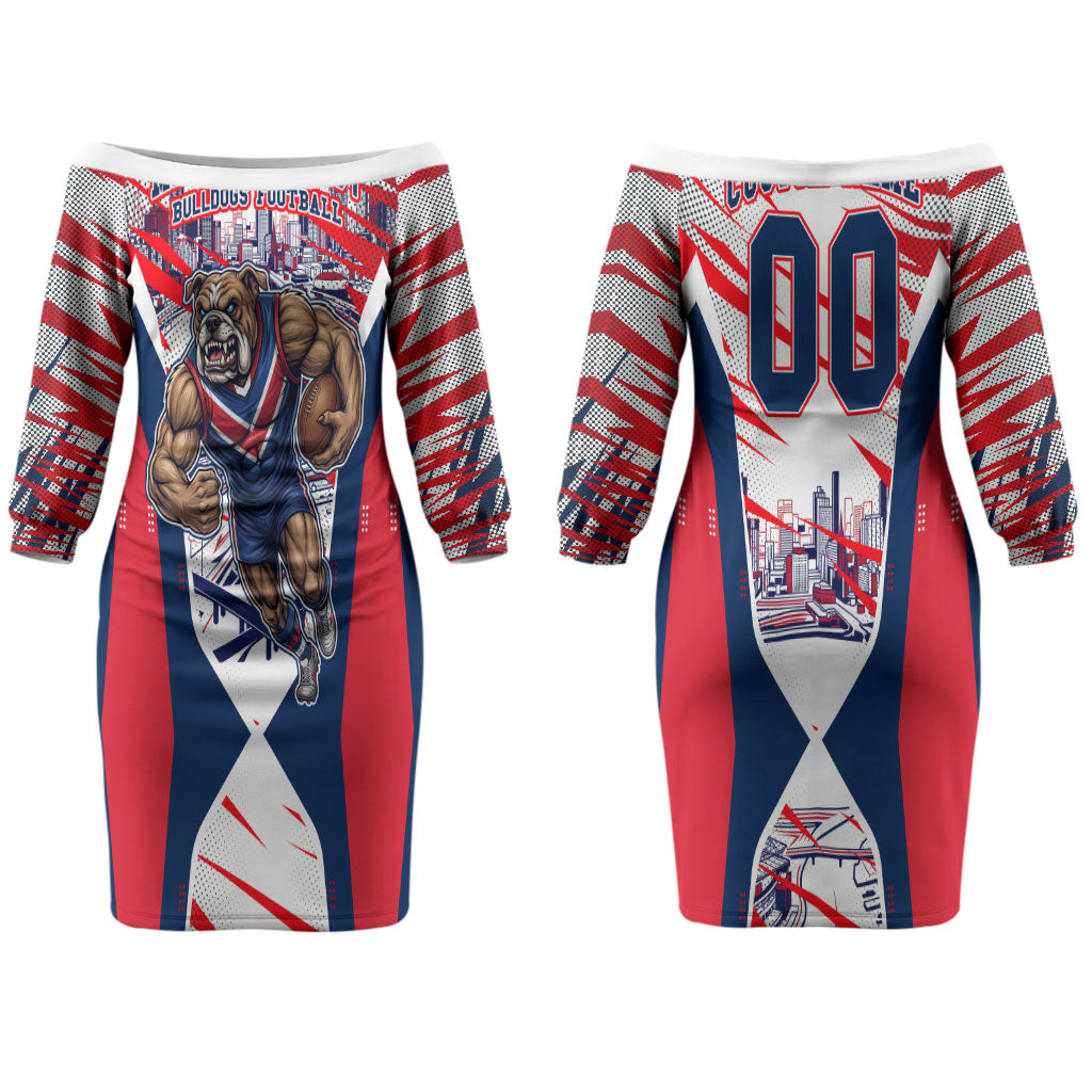 Personalised Western Bulldogs Fan Pride Couples Matching Off The Shoulder Long Sleeve Dress and Hawaiian Shirt Muscular Bulldog Mascot Graphic Art With Melbourne City Skyline