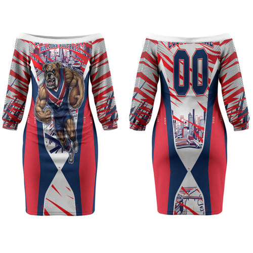 Personalised Western Bulldogs Fan Pride Couples Matching Off The Shoulder Long Sleeve Dress and Hawaiian Shirt Muscular Bulldog Mascot Graphic Art With Melbourne City Skyline