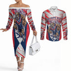 Personalised Western Bulldogs Fan Pride Couples Matching Off The Shoulder Long Sleeve Dress and Long Sleeve Button Shirt Muscular Bulldog Mascot Graphic Art With Melbourne City Skyline