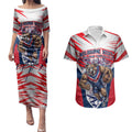 Personalised Western Bulldogs Fan Pride Couples Matching Puletasi and Hawaiian Shirt Muscular Bulldog Mascot Graphic Art With Melbourne City Skyline