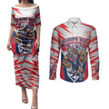Personalised Western Bulldogs Fan Pride Couples Matching Puletasi and Long Sleeve Button Shirt Muscular Bulldog Mascot Graphic Art With Melbourne City Skyline