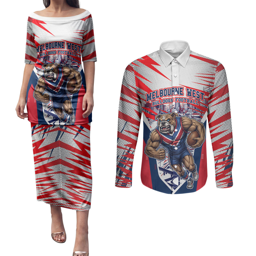 Personalised Western Bulldogs Fan Pride Couples Matching Puletasi and Long Sleeve Button Shirt Muscular Bulldog Mascot Graphic Art With Melbourne City Skyline