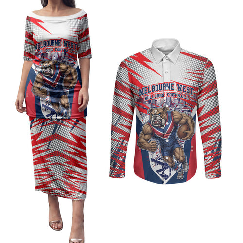 Personalised Western Bulldogs Fan Pride Couples Matching Puletasi and Long Sleeve Button Shirt Muscular Bulldog Mascot Graphic Art With Melbourne City Skyline