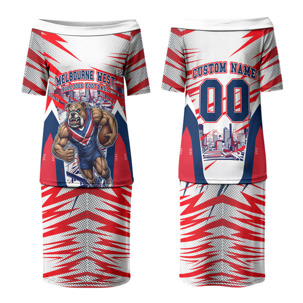 Personalised Western Bulldogs Fan Pride Couples Matching Puletasi and Long Sleeve Button Shirt Muscular Bulldog Mascot Graphic Art With Melbourne City Skyline