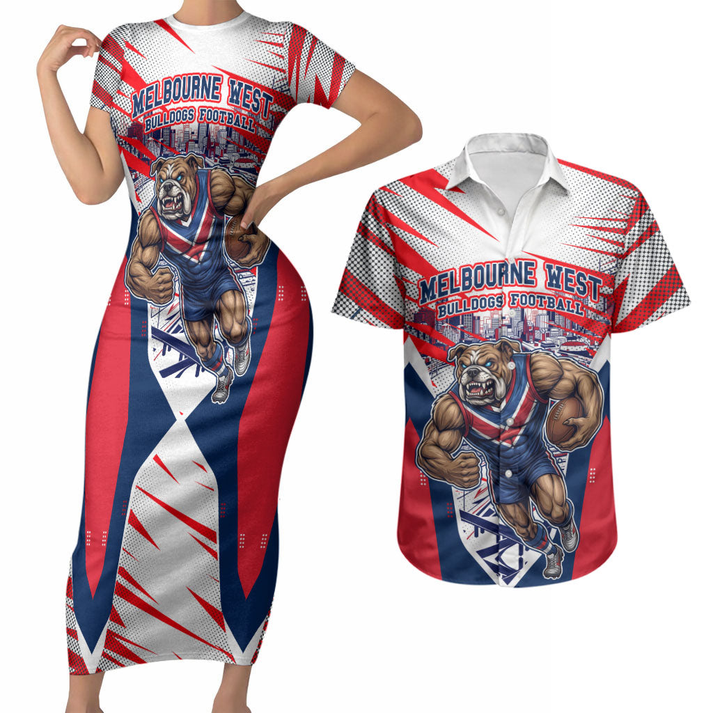 Personalised Western Bulldogs Fan Pride Couples Matching Short Sleeve Bodycon Dress and Hawaiian Shirt Muscular Bulldog Mascot Graphic Art With Melbourne City Skyline