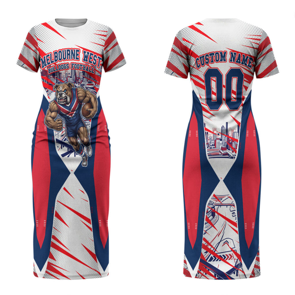 Personalised Western Bulldogs Fan Pride Couples Matching Short Sleeve Bodycon Dress and Hawaiian Shirt Muscular Bulldog Mascot Graphic Art With Melbourne City Skyline