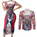 Personalised Western Bulldogs Fan Pride Couples Matching Short Sleeve Bodycon Dress and Long Sleeve Button Shirt Muscular Bulldog Mascot Graphic Art With Melbourne City Skyline