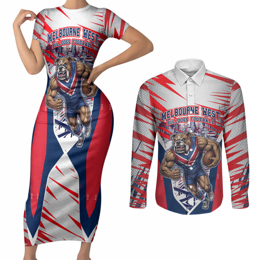 Personalised Western Bulldogs Fan Pride Couples Matching Short Sleeve Bodycon Dress and Long Sleeve Button Shirt Muscular Bulldog Mascot Graphic Art With Melbourne City Skyline