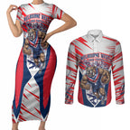 Personalised Western Bulldogs Fan Pride Couples Matching Short Sleeve Bodycon Dress and Long Sleeve Button Shirt Muscular Bulldog Mascot Graphic Art With Melbourne City Skyline