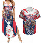 Personalised Western Bulldogs Fan Pride Couples Matching Summer Maxi Dress and Hawaiian Shirt Muscular Bulldog Mascot Graphic Art With Melbourne City Skyline