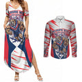 Personalised Western Bulldogs Fan Pride Couples Matching Summer Maxi Dress and Long Sleeve Button Shirt Muscular Bulldog Mascot Graphic Art With Melbourne City Skyline