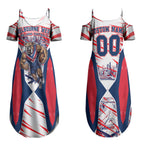 Personalised Western Bulldogs Fan Pride Couples Matching Summer Maxi Dress and Long Sleeve Button Shirt Muscular Bulldog Mascot Graphic Art With Melbourne City Skyline