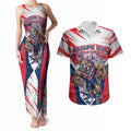 Personalised Western Bulldogs Fan Pride Couples Matching Tank Maxi Dress and Hawaiian Shirt Muscular Bulldog Mascot Graphic Art With Melbourne City Skyline