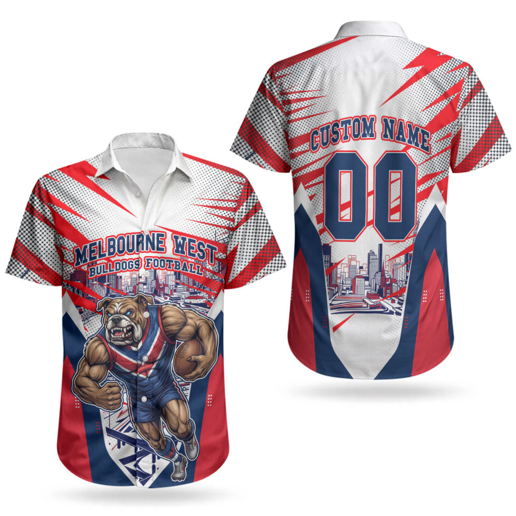 Personalised Western Bulldogs Fan Pride Couples Matching Tank Maxi Dress and Hawaiian Shirt Muscular Bulldog Mascot Graphic Art With Melbourne City Skyline
