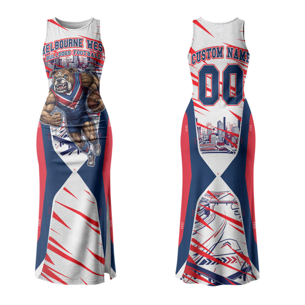 Personalised Western Bulldogs Fan Pride Couples Matching Tank Maxi Dress and Hawaiian Shirt Muscular Bulldog Mascot Graphic Art With Melbourne City Skyline