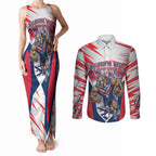 Personalised Western Bulldogs Fan Pride Couples Matching Tank Maxi Dress and Long Sleeve Button Shirt Muscular Bulldog Mascot Graphic Art With Melbourne City Skyline