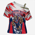 Personalised Western Bulldogs Fan Pride Cross Shoulder Shirt Muscular Bulldog Mascot Graphic Art With Melbourne City Skyline