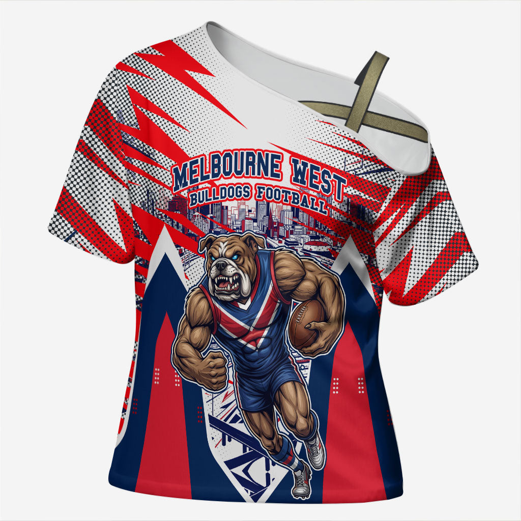 Personalised Western Bulldogs Fan Pride Cross Shoulder Shirt Muscular Bulldog Mascot Graphic Art With Melbourne City Skyline