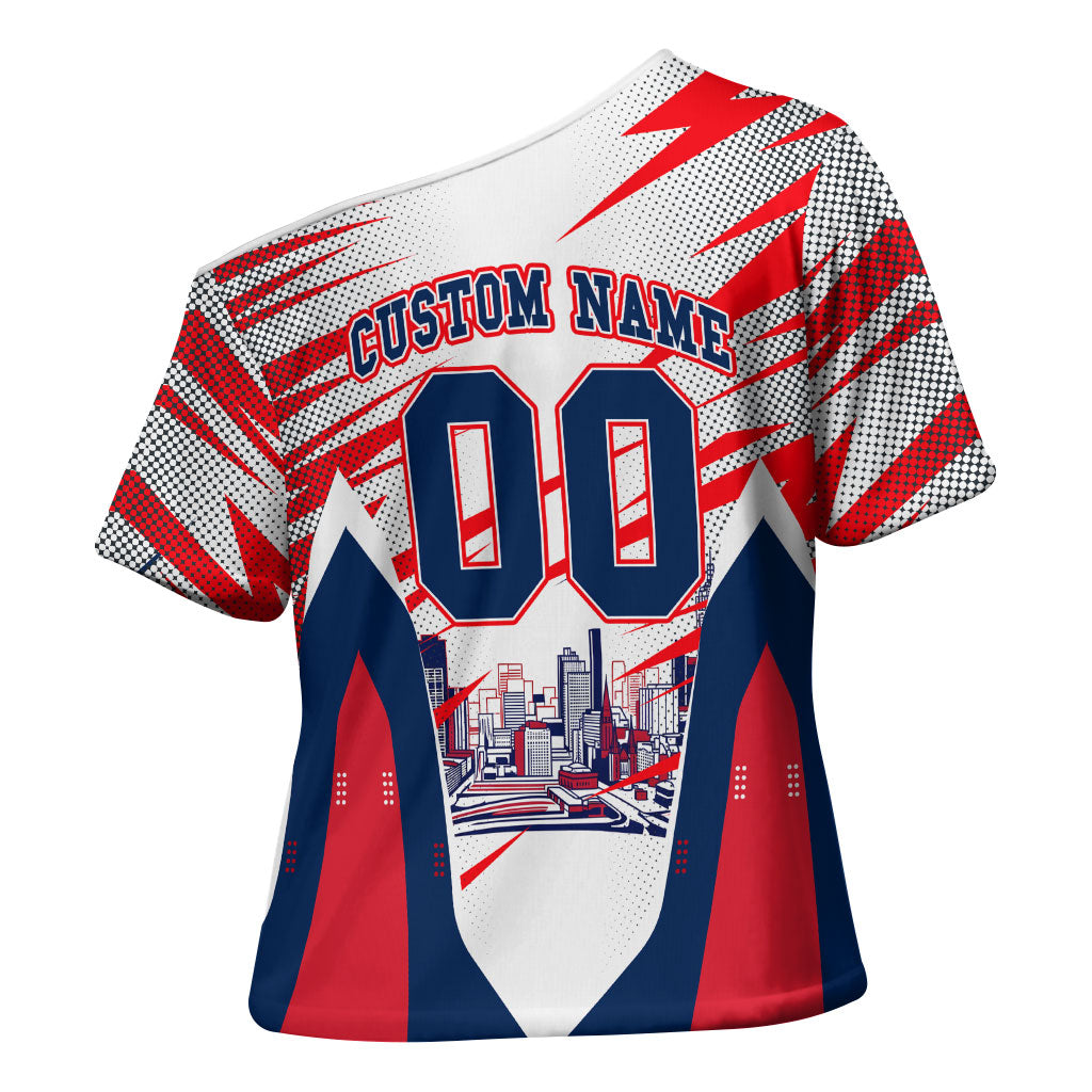 Personalised Western Bulldogs Fan Pride Cross Shoulder Shirt Muscular Bulldog Mascot Graphic Art With Melbourne City Skyline