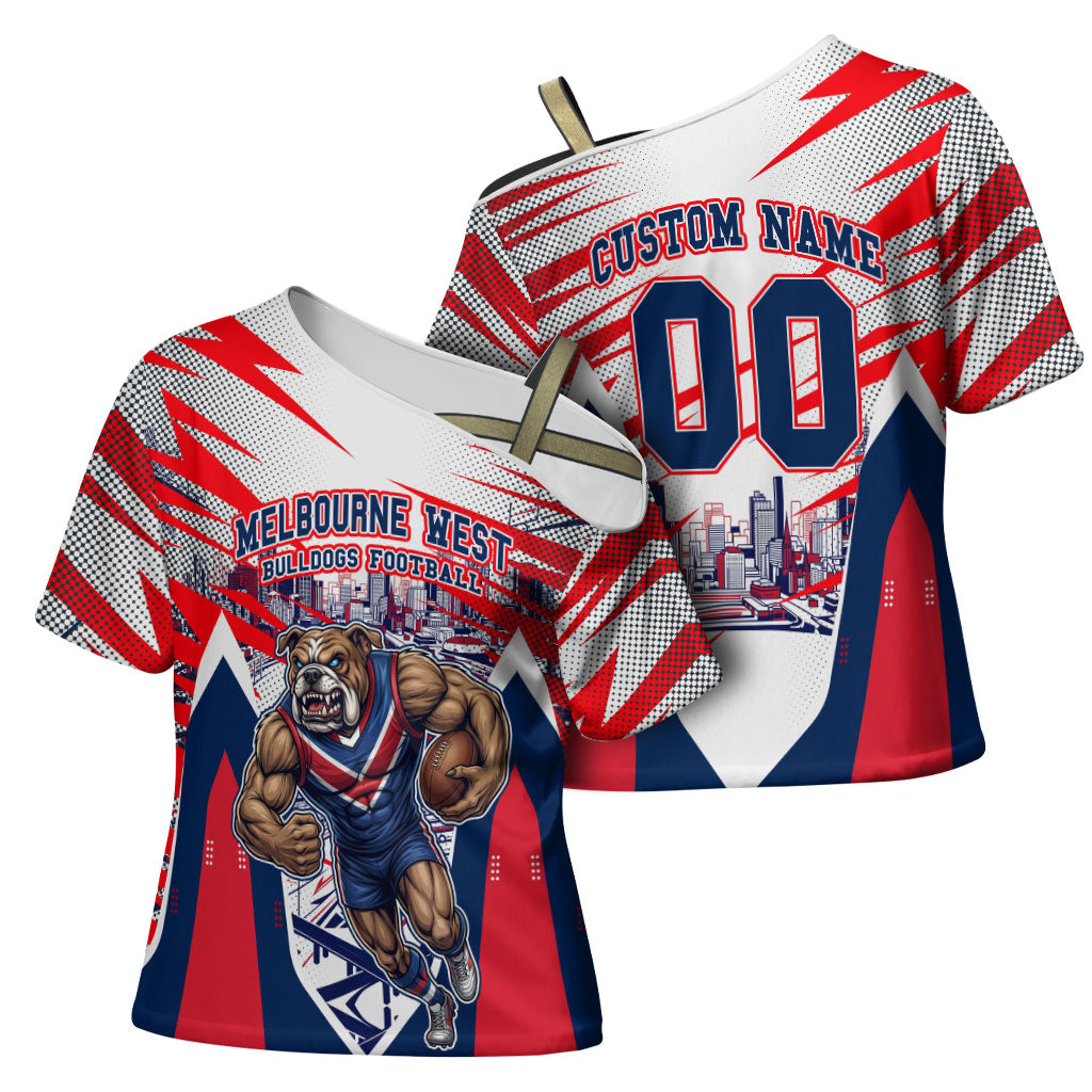 Personalised Western Bulldogs Fan Pride Cross Shoulder Shirt Muscular Bulldog Mascot Graphic Art With Melbourne City Skyline