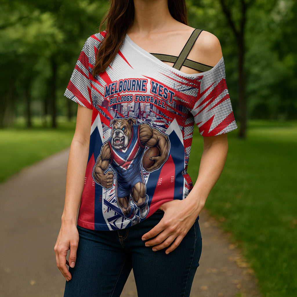 Personalised Western Bulldogs Fan Pride Cross Shoulder Shirt Muscular Bulldog Mascot Graphic Art With Melbourne City Skyline