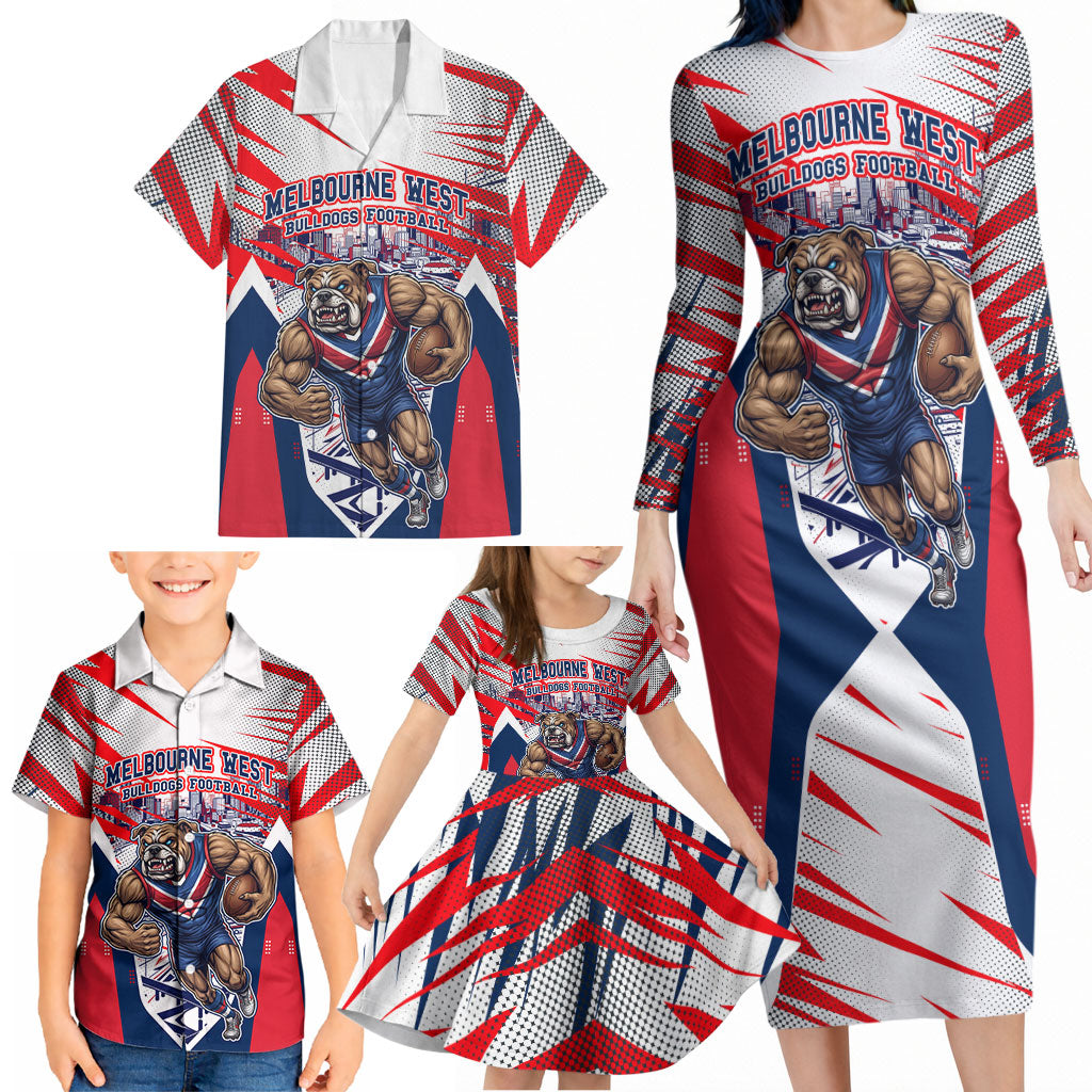 Personalised Western Bulldogs Fan Pride Family Matching Long Sleeve Bodycon Dress and Hawaiian Shirt Muscular Bulldog Mascot Graphic Art With Melbourne City Skyline