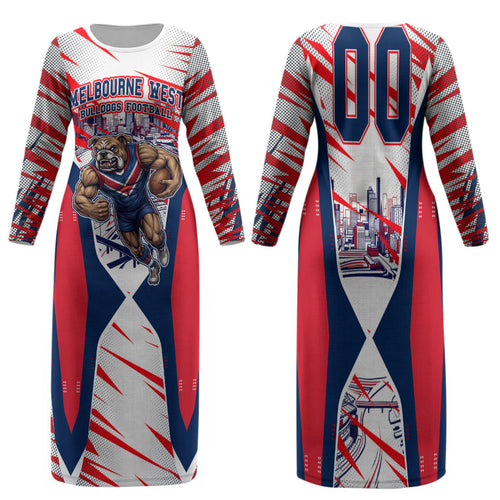 Personalised Western Bulldogs Fan Pride Family Matching Long Sleeve Bodycon Dress and Hawaiian Shirt Muscular Bulldog Mascot Graphic Art With Melbourne City Skyline