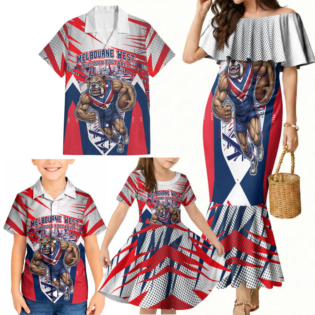 Personalised Western Bulldogs Fan Pride Family Matching Mermaid Dress and Hawaiian Shirt Muscular Bulldog Mascot Graphic Art With Melbourne City Skyline