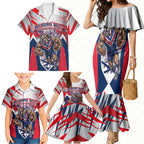 Personalised Western Bulldogs Fan Pride Family Matching Mermaid Dress and Hawaiian Shirt Muscular Bulldog Mascot Graphic Art With Melbourne City Skyline