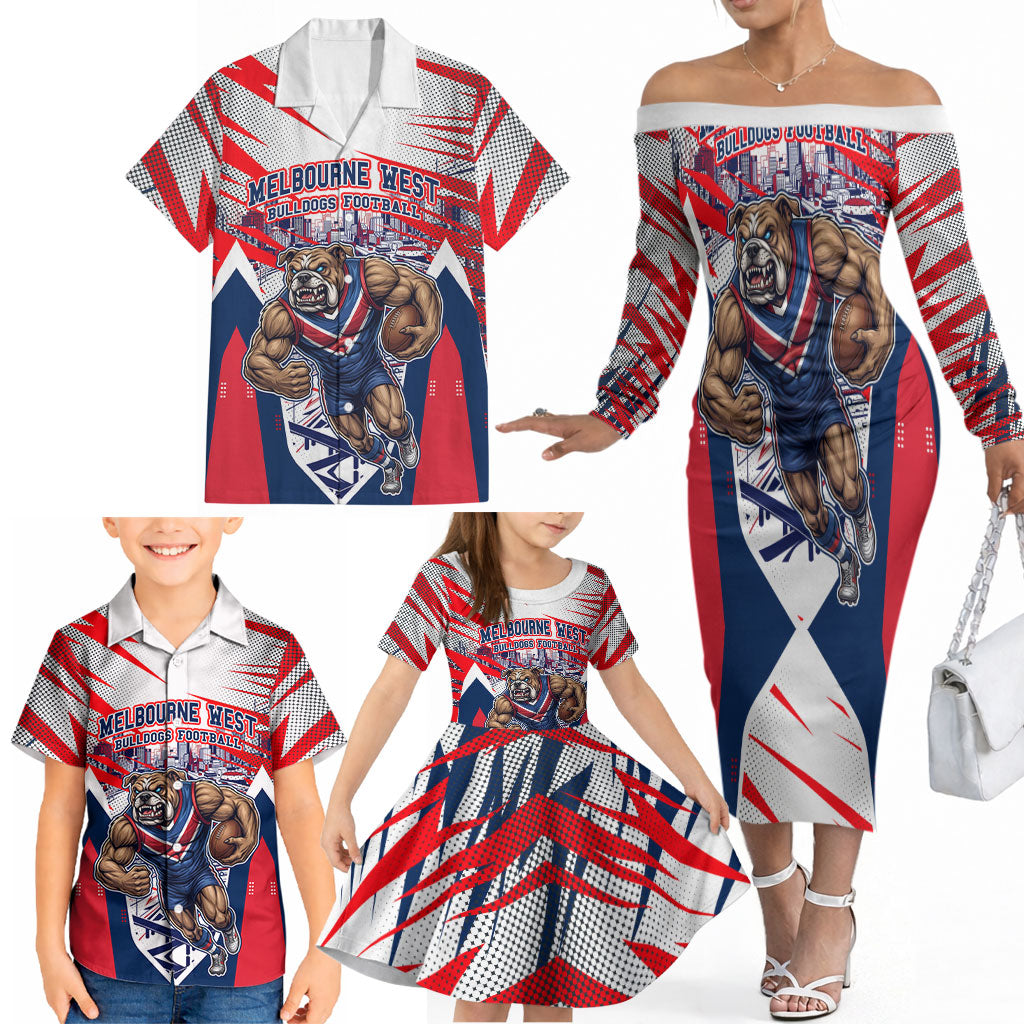 Personalised Western Bulldogs Fan Pride Family Matching Off The Shoulder Long Sleeve Dress and Hawaiian Shirt Muscular Bulldog Mascot Graphic Art With Melbourne City Skyline