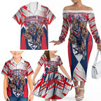 Personalised Western Bulldogs Fan Pride Family Matching Off The Shoulder Long Sleeve Dress and Hawaiian Shirt Muscular Bulldog Mascot Graphic Art With Melbourne City Skyline