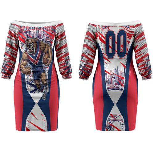 Personalised Western Bulldogs Fan Pride Family Matching Off The Shoulder Long Sleeve Dress and Hawaiian Shirt Muscular Bulldog Mascot Graphic Art With Melbourne City Skyline