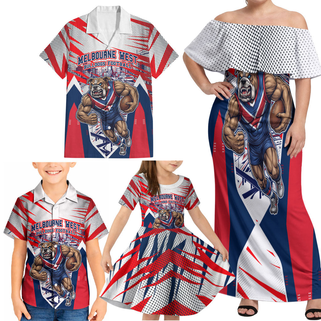 Personalised Western Bulldogs Fan Pride Family Matching Off Shoulder Maxi Dress and Hawaiian Shirt Muscular Bulldog Mascot Graphic Art With Melbourne City Skyline