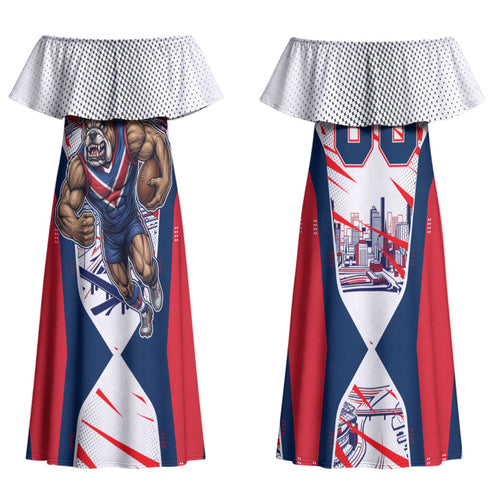 Personalised Western Bulldogs Fan Pride Family Matching Off Shoulder Maxi Dress and Hawaiian Shirt Muscular Bulldog Mascot Graphic Art With Melbourne City Skyline