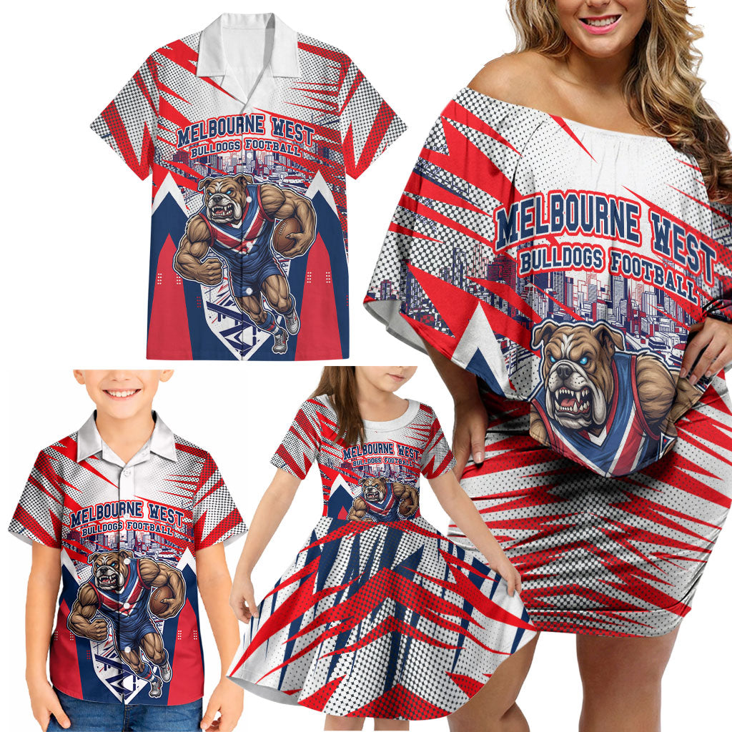 Personalised Western Bulldogs Fan Pride Family Matching Off Shoulder Short Dress and Hawaiian Shirt Muscular Bulldog Mascot Graphic Art With Melbourne City Skyline