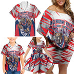 Personalised Western Bulldogs Fan Pride Family Matching Off Shoulder Short Dress and Hawaiian Shirt Muscular Bulldog Mascot Graphic Art With Melbourne City Skyline
