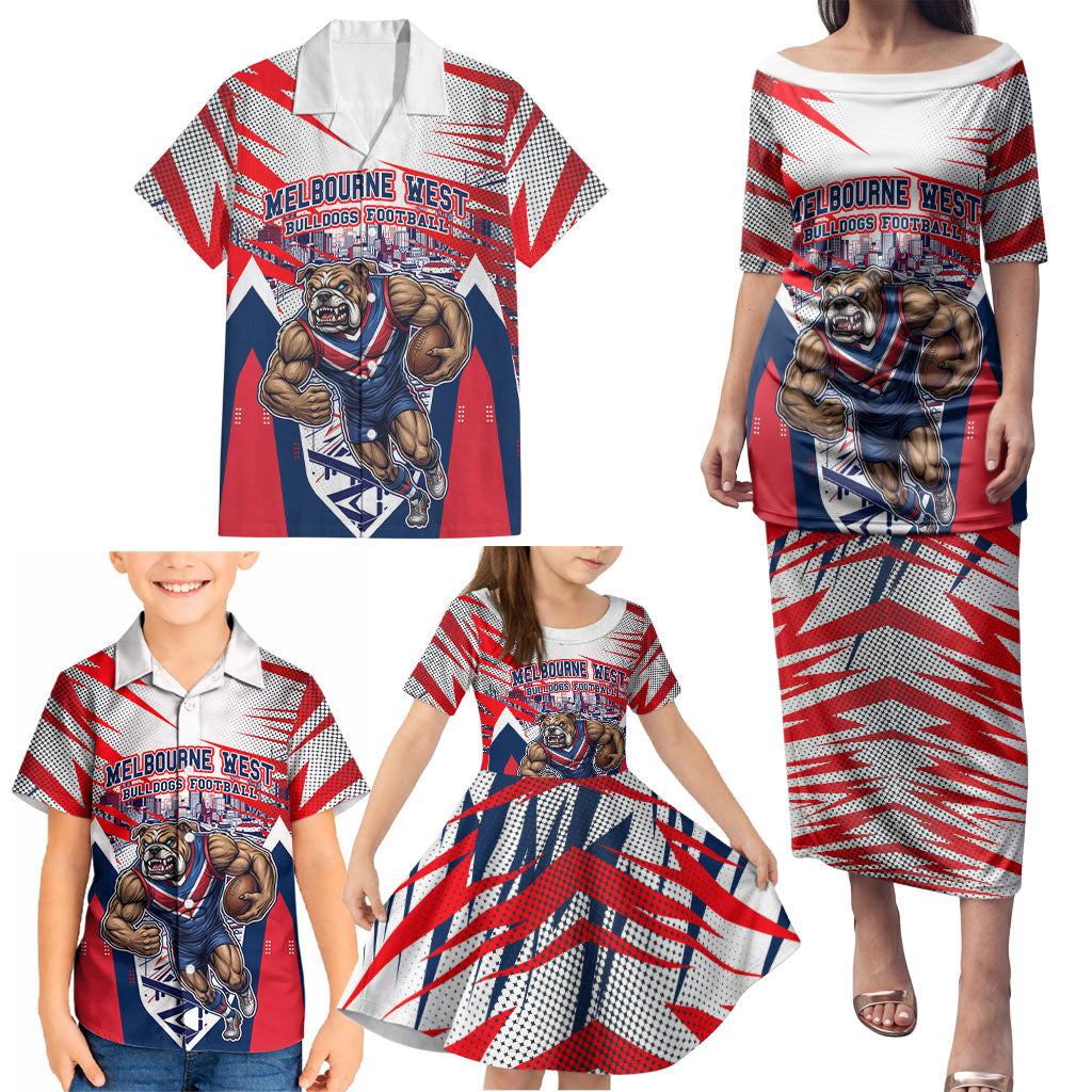 Personalised Western Bulldogs Fan Pride Family Matching Puletasi and Hawaiian Shirt Muscular Bulldog Mascot Graphic Art With Melbourne City Skyline