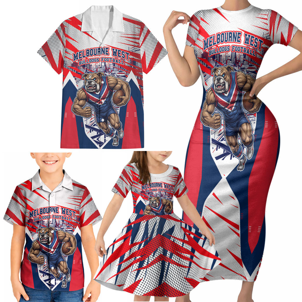 Personalised Western Bulldogs Fan Pride Family Matching Short Sleeve Bodycon Dress and Hawaiian Shirt Muscular Bulldog Mascot Graphic Art With Melbourne City Skyline