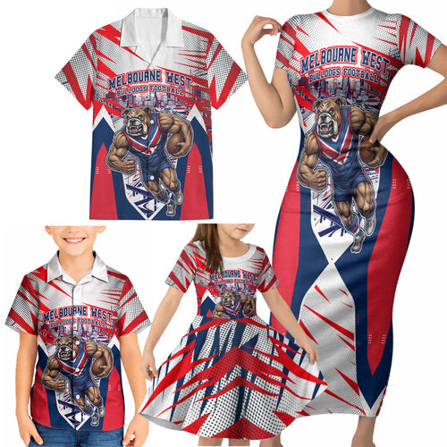 Personalised Western Bulldogs Fan Pride Family Matching Short Sleeve Bodycon Dress and Hawaiian Shirt Muscular Bulldog Mascot Graphic Art With Melbourne City Skyline