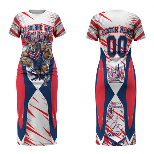Personalised Western Bulldogs Fan Pride Family Matching Short Sleeve Bodycon Dress and Hawaiian Shirt Muscular Bulldog Mascot Graphic Art With Melbourne City Skyline