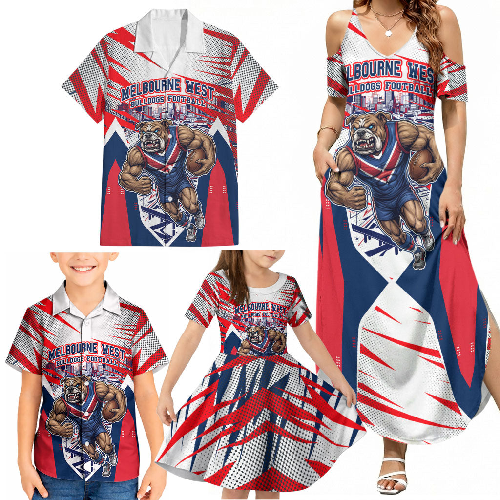 Personalised Western Bulldogs Fan Pride Family Matching Summer Maxi Dress and Hawaiian Shirt Muscular Bulldog Mascot Graphic Art With Melbourne City Skyline