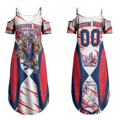 Personalised Western Bulldogs Fan Pride Family Matching Summer Maxi Dress and Hawaiian Shirt Muscular Bulldog Mascot Graphic Art With Melbourne City Skyline