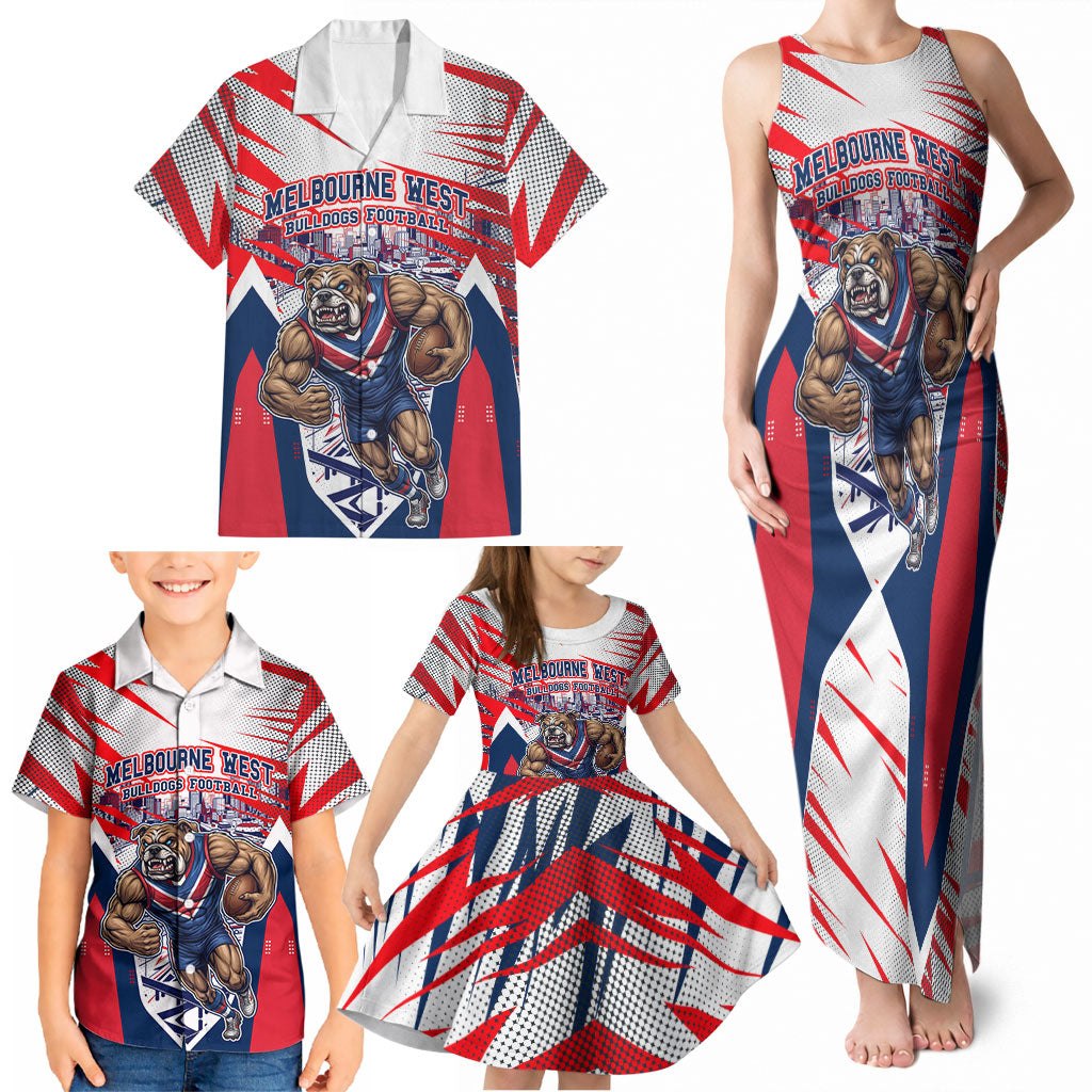 Personalised Western Bulldogs Fan Pride Family Matching Tank Maxi Dress and Hawaiian Shirt Muscular Bulldog Mascot Graphic Art With Melbourne City Skyline